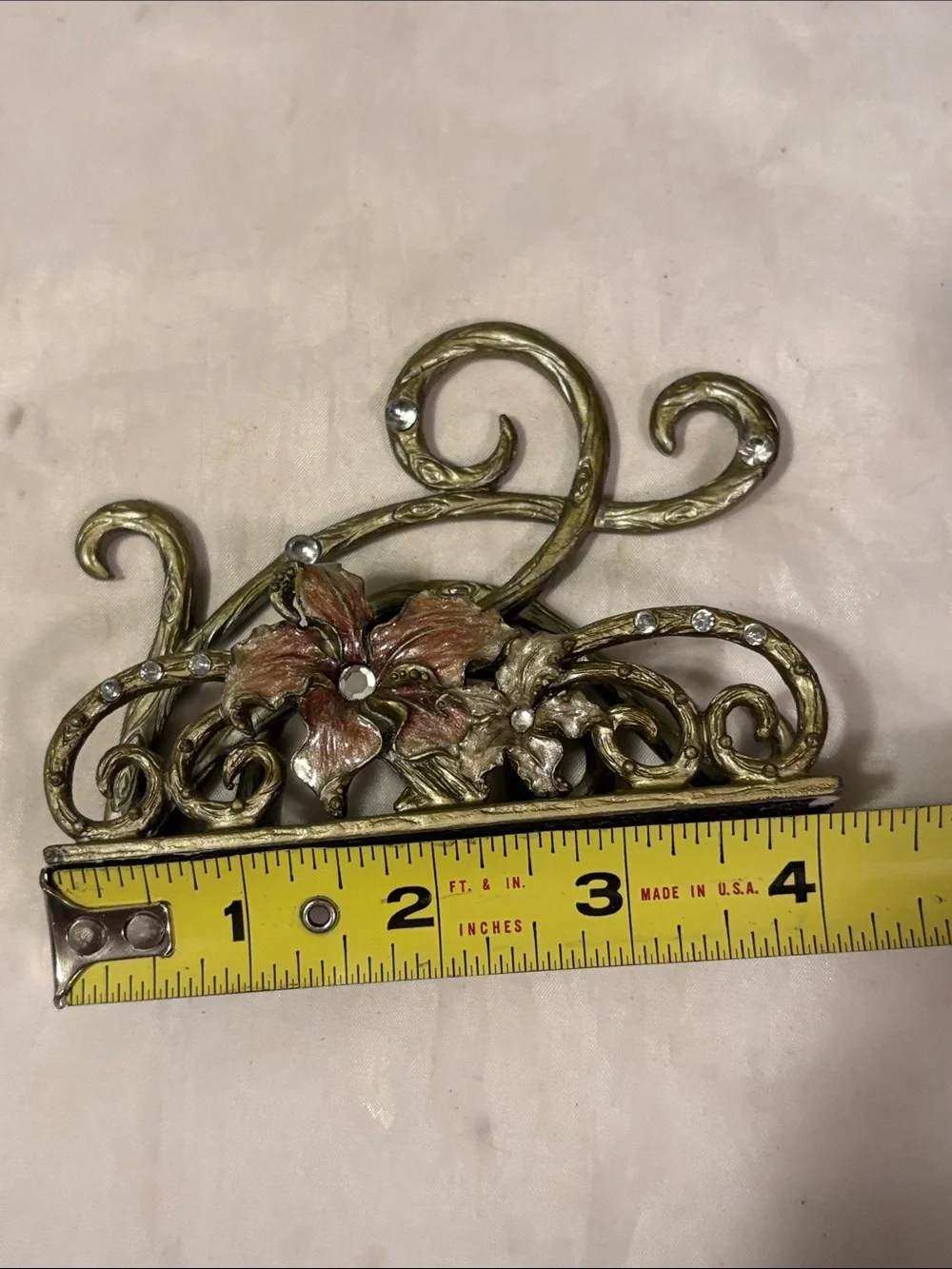 Enameled Ornate Gold Floral Business Card Holder with Rhinestones